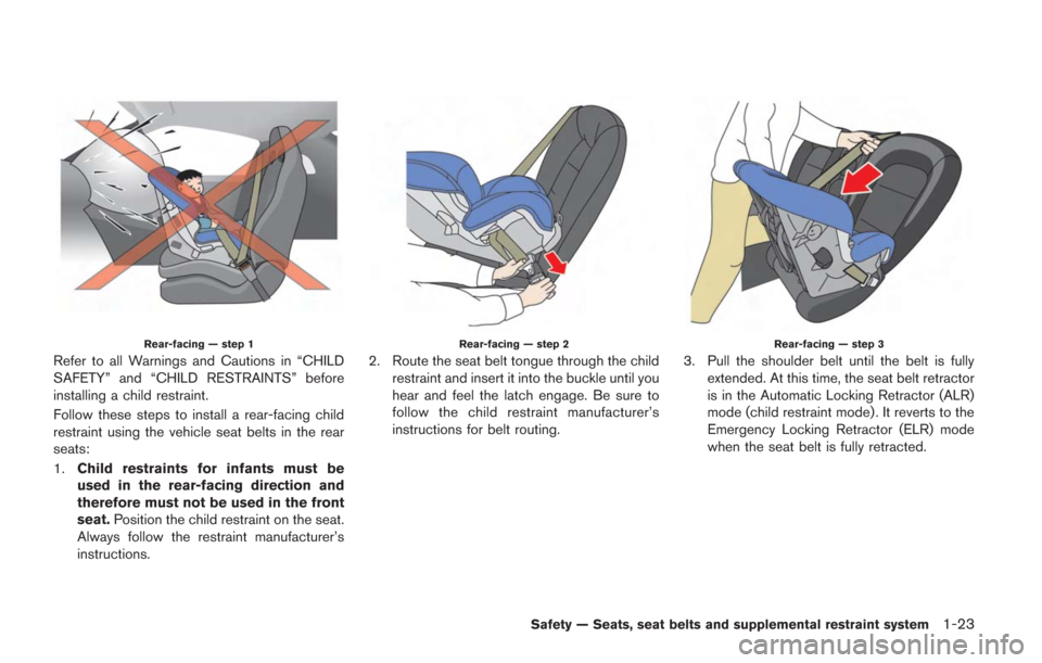 NISSAN GT-R 2014 R35 Manual PDF Rear-facing — step 1
Refer to all Warnings and Cautions in “CHILD
SAFETY” and “CHILD RESTRAINTS” before
installing a child restraint.
Follow these steps to install a rear-facing child
restra NISSAN GT-R 2014 R35 Manual PDF Rear-facing — step 1
Refer to all Warnings and Cautions in “CHILD
SAFETY” and “CHILD RESTRAINTS” before
installing a child restraint.
Follow these steps to install a rear-facing child
restra