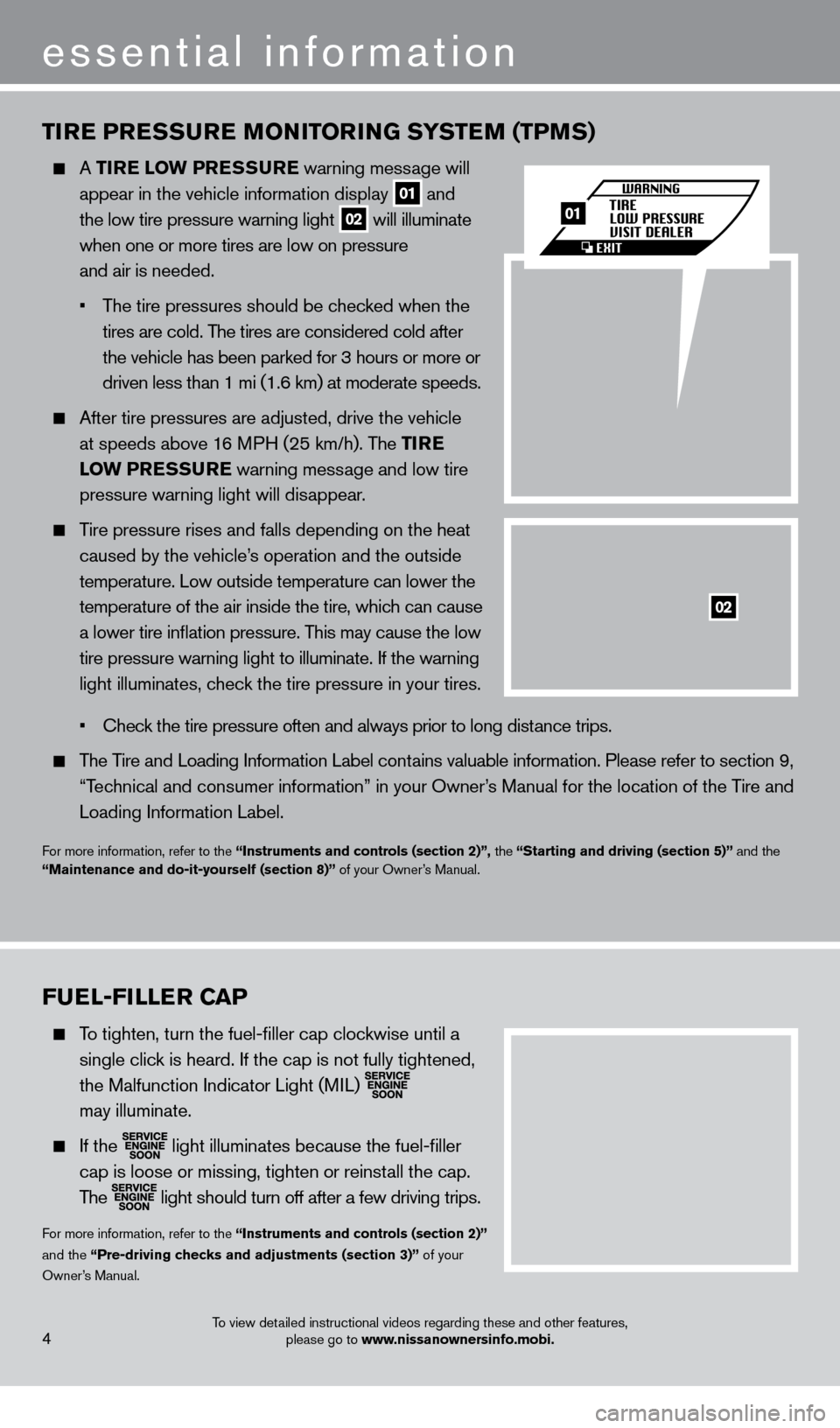 NISSAN GT-R 2014 R35 Quick Reference Guide TIre P reS Su re  MONITO rI NG SYST eM (TPM S)
  A TI re LOw   Pre SSure warning mess age will
 
  appear in the vehicle information display 01 and  
 the low tire pressure warning light 02  will illu