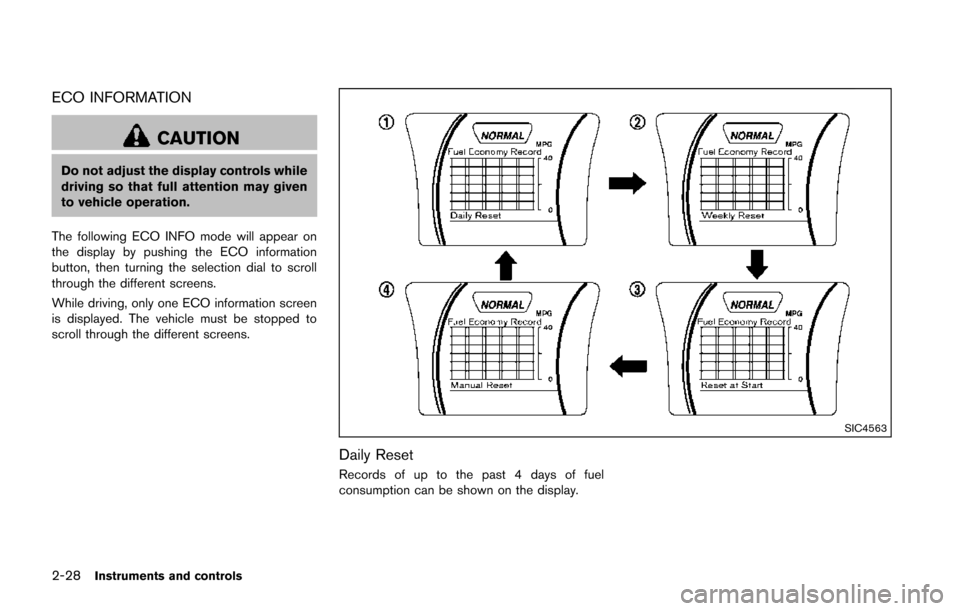 NISSAN JUKE 2014 F15 / 1.G Owners Manual 2-28Instruments and controls
ECO INFORMATION
CAUTION
Do not adjust the display controls while
driving so that full attention may given
to vehicle operation.
The following ECO INFO mode will appear on
