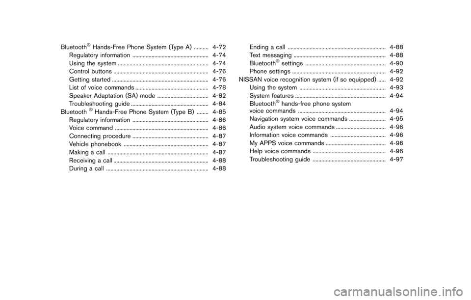 NISSAN JUKE 2014 F15 / 1.G User Guide Bluetooth®Hands-Free Phone System (Type A) .......... 4-72
Regulatory information .................................................... 4-74
Using the system ..........................................