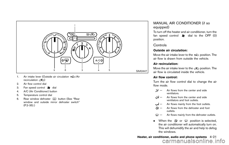 NISSAN JUKE 2014 F15 / 1.G Owners Manual SAA3447
1. Air intake lever (Outside air circulation/Air
recirculation)
2. Air flow control dial
3. Fan speed control
dial
4. A/C (Air Conditioner) button
5. Temperature control dial
6. Rear window de