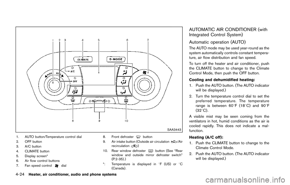 NISSAN JUKE 2014 F15 / 1.G Owners Manual 4-24Heater, air conditioner, audio and phone systems
SAA3443
1. AUTO button/Temperature control dial
2. OFF button
3. A/C button
4. CLIMATE button
5. Display screen*
6. Air flow control buttons
7. Fan