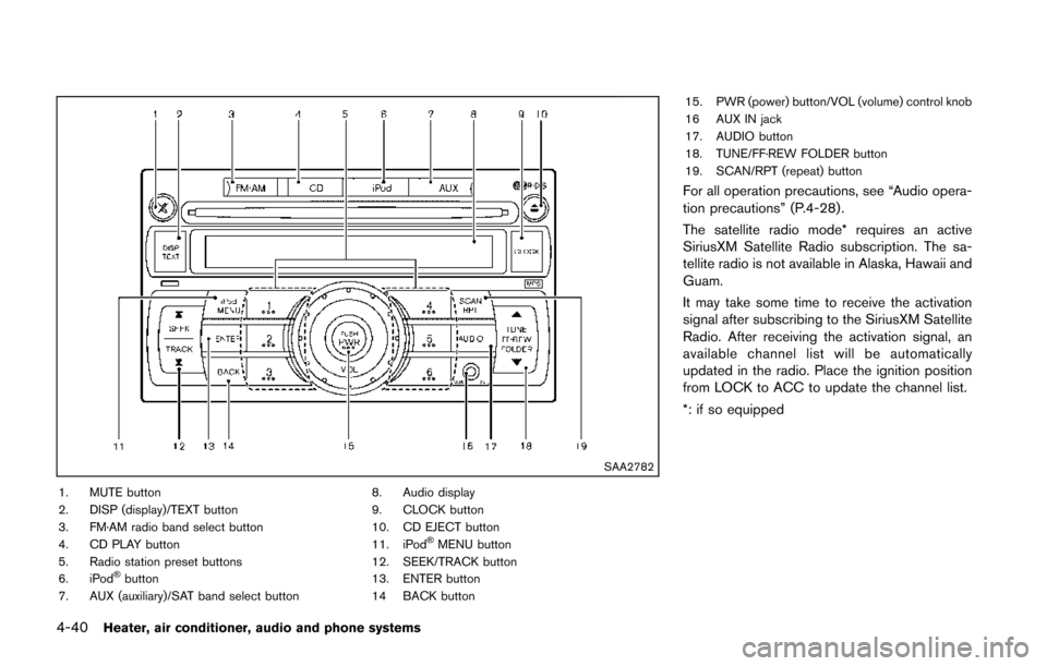 NISSAN JUKE 2014 F15 / 1.G User Guide 4-40Heater, air conditioner, audio and phone systems
SAA2782
1. MUTE button
2. DISP (display)/TEXT button
3. FM·AM radio band select button
4. CD PLAY button
5. Radio station preset buttons
6. iPod
�