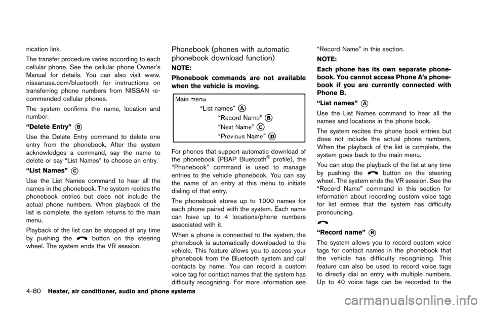 NISSAN JUKE 2014 F15 / 1.G Owners Manual 4-80Heater, air conditioner, audio and phone systems
nication link.
The transfer procedure varies according to each
cellular phone. See the cellular phone Owner’s
Manual for details. You can also vi