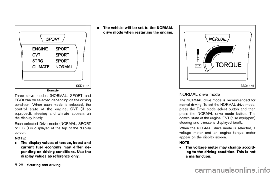 NISSAN JUKE 2014 F15 / 1.G Owners Manual 5-26Starting and driving
SSD1144Example
Three drive modes (NORMAL, SPORT and
ECO) can be selected depending on the driving
condition. When each mode is selected, the
control state of the engine, CVT (
