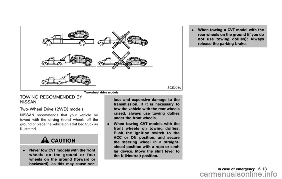 NISSAN JUKE 2014 F15 / 1.G Owners Manual SCE0950Two-wheel drive models
TOWING RECOMMENDED BY
NISSAN
Two-Wheel Drive (2WD) models
NISSAN recommends that your vehicle be
towed with the driving (front) wheels off the
ground or place the vehicle