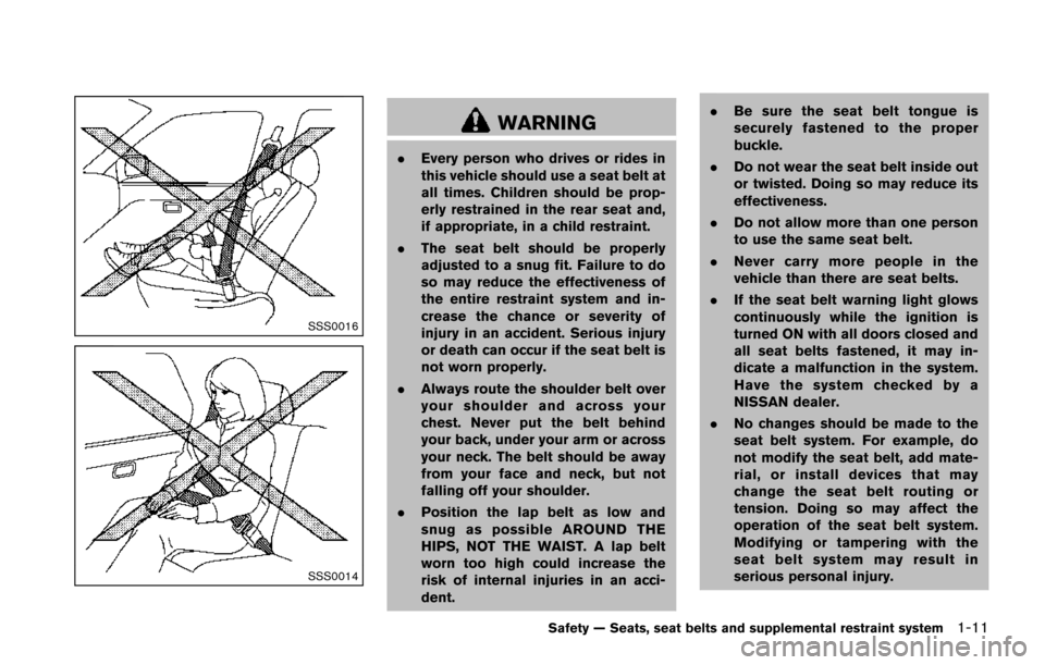 NISSAN JUKE 2014 F15 / 1.G Owners Manual SSS0016
SSS0014
WARNING
.Every person who drives or rides in
this vehicle should use a seat belt at
all times. Children should be prop-
erly restrained in the rear seat and,
if appropriate, in a child