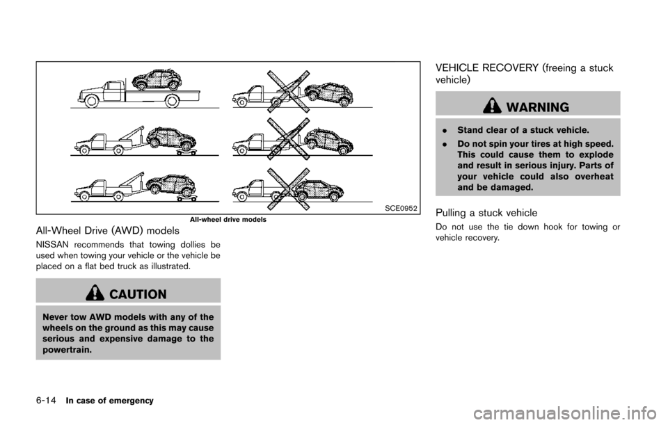 NISSAN JUKE 2014 F15 / 1.G User Guide 6-14In case of emergency
SCE0952All-wheel drive models
All-Wheel Drive (AWD) models
NISSAN recommends that towing dollies be
used when towing your vehicle or the vehicle be
placed on a flat bed truck 