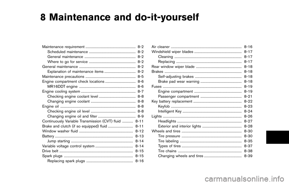 NISSAN JUKE 2014 F15 / 1.G Service Manual 8 Maintenance and do-it-yourself
Maintenance requirement ........................................................ 8-2Scheduled maintenance .................................................... 8-2
Gene