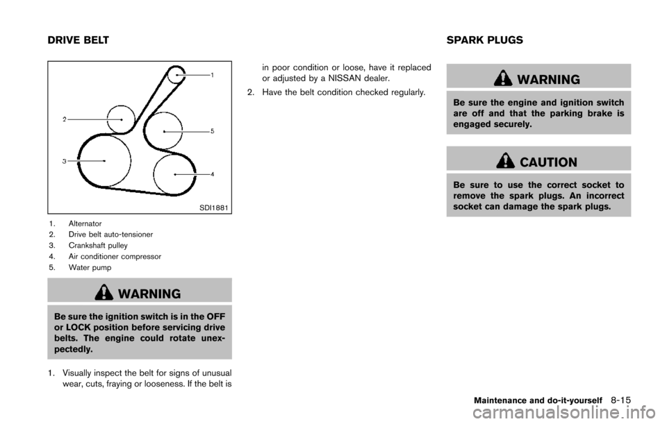 NISSAN JUKE 2014 F15 / 1.G Owners Manual SDI1881
1. Alternator
2. Drive belt auto-tensioner
3. Crankshaft pulley
4. Air conditioner compressor
5. Water pump
WARNING
Be sure the ignition switch is in the OFF
or LOCK position before servicing 