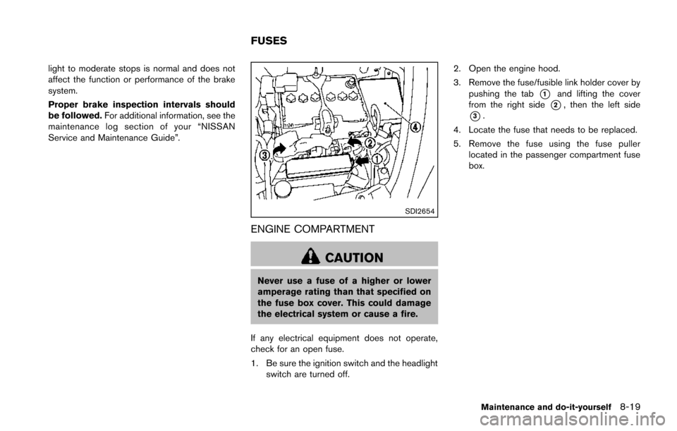 NISSAN JUKE 2014 F15 / 1.G Owners Manual light to moderate stops is normal and does not
affect the function or performance of the brake
system.
Proper brake inspection intervals should
be followed.For additional information, see the
maintena NISSAN JUKE 2014 F15 / 1.G Owners Manual light to moderate stops is normal and does not
affect the function or performance of the brake
system.
Proper brake inspection intervals should
be followed.For additional information, see the
maintena