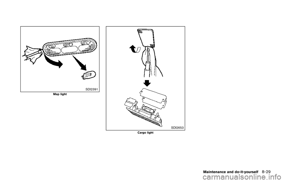 NISSAN JUKE 2014 F15 / 1.G Owners Manual SDI2391Map light
SDI2653Cargo light
Maintenance and do-it-yourself8-29 
