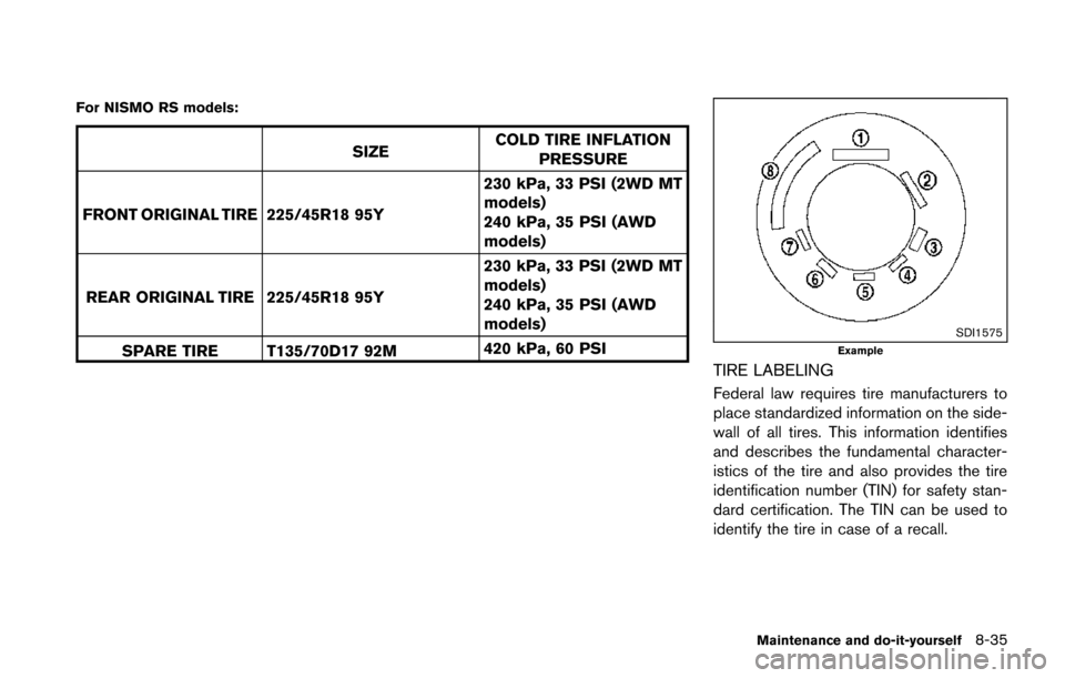 NISSAN JUKE 2014 F15 / 1.G Owners Manual For NISMO RS models:
SIZECOLD TIRE INFLATION
PRESSURE
FRONT ORIGINAL TIRE 225/45R18 95Y 230 kPa, 33 PSI (2WD MT
models)
240 kPa, 35 PSI (AWD
models)
REAR ORIGINAL TIRE 225/45R18 95Y 230 kPa, 33 PSI (2