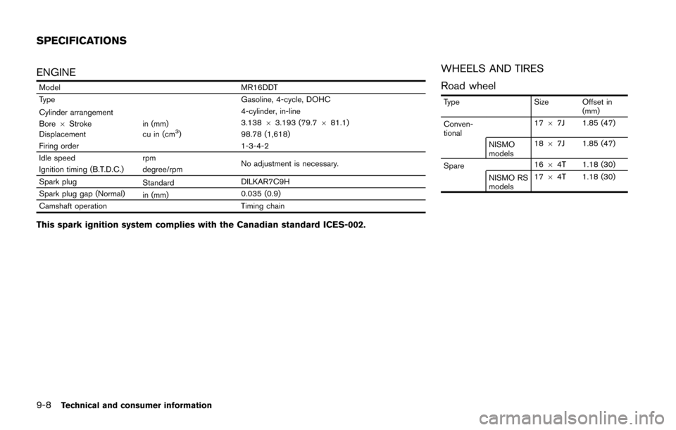 NISSAN JUKE 2014 F15 / 1.G Owners Manual 9-8Technical and consumer information
ENGINE
ModelMR16DDT
Type Gasoline, 4-cycle, DOHC
Cylinder arrangement 4-cylinder, in-line
Bore 6Stroke in (mm) 3.138
63.193 (79.7 681.1)
Displacement cu in (cm
3)