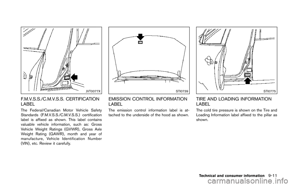 NISSAN JUKE 2014 F15 / 1.G Owners Manual JVT0077X
F.M.V.S.S./C.M.V.S.S. CERTIFICATION
LABEL
The Federal/Canadian Motor Vehicle Safety
Standards (F.M.V.S.S./C.M.V.S.S.) certification
label is affixed as shown. This label contains
valuable veh