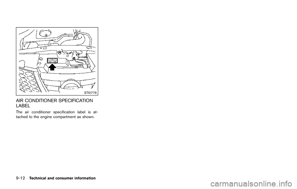 NISSAN JUKE 2014 F15 / 1.G Owners Manual 9-12Technical and consumer information
STI0776
AIR CONDITIONER SPECIFICATION
LABEL
The air conditioner specification label is at-
tached to the engine compartment as shown. 