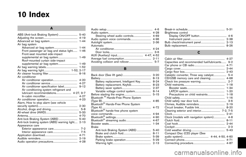 NISSAN JUKE 2014 F15 / 1.G User Guide 10 Index
A
ABS (Anti-lock Braking System) ............................ 5-40
Adjusting the screen .................................................. 4-19
Advanced air bag system .......................