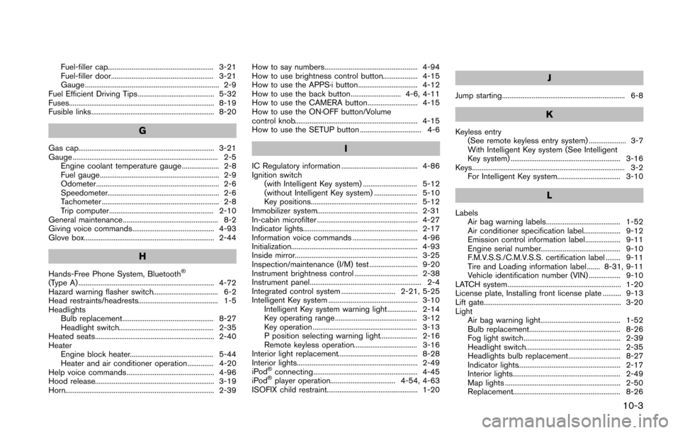 NISSAN JUKE 2014 F15 / 1.G Repair Manual Fuel-filler cap......................................................... 3-21
Fuel-filler door....................................................... 3-21
Gauge .......................................