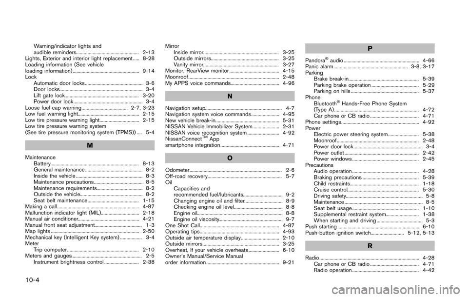 NISSAN JUKE 2014 F15 / 1.G Owners Manual 10-4
Warning/indicator lights and
audible reminders................................................. 2-13
Lights, Exterior and interior light replacement ..... 8-28
Loading information (See vehicle
lo