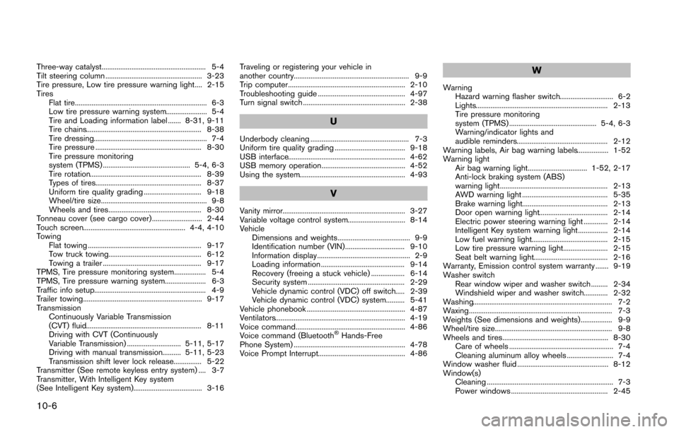 NISSAN JUKE 2014 F15 / 1.G Owners Manual 10-6
Three-way catalyst........................................................ 5-4
Tilt steering column .................................................... 3-23
Tire pressure, Low tire pressure warn