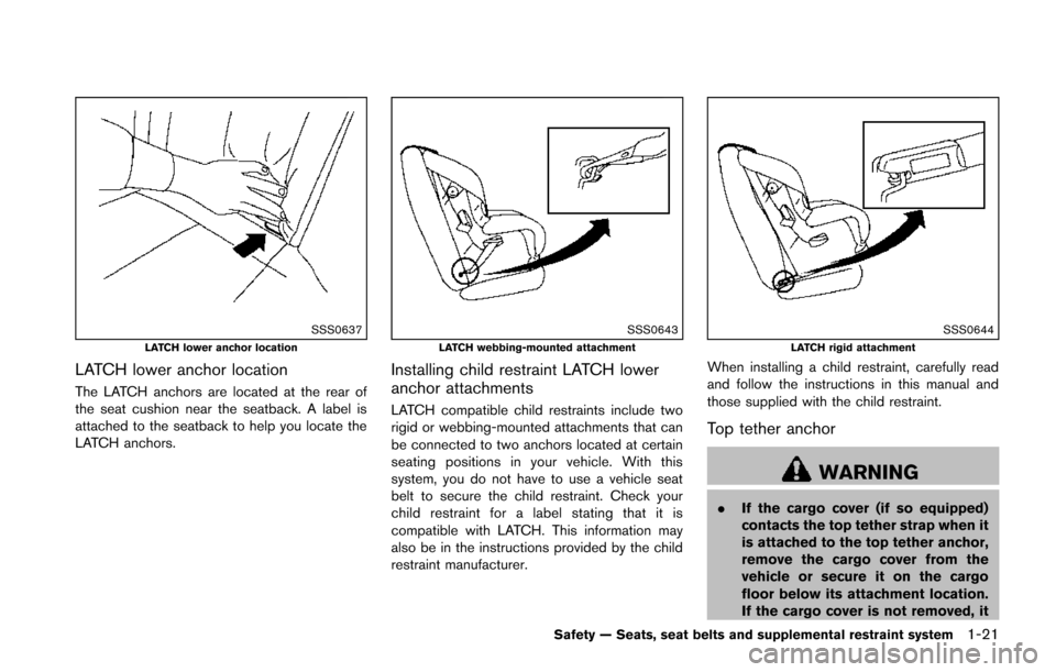 NISSAN JUKE 2014 F15 / 1.G Service Manual SSS0637LATCH lower anchor location
LATCH lower anchor location
The LATCH anchors are located at the rear of
the seat cushion near the seatback. A label is
attached to the seatback to help you locate t