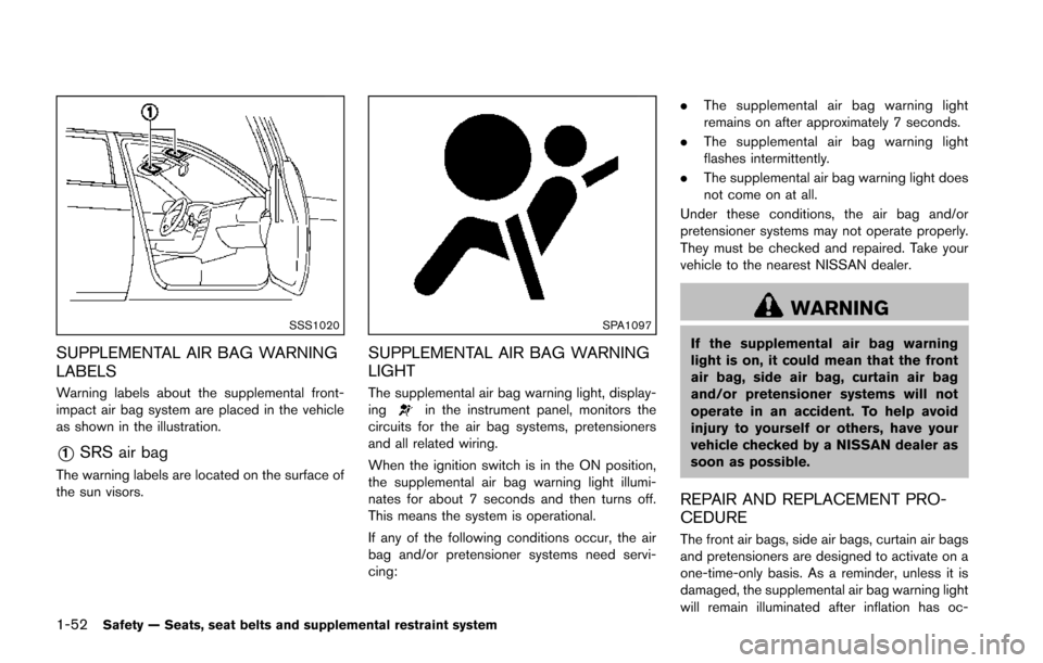 NISSAN JUKE 2014 F15 / 1.G Manual PDF 1-52Safety — Seats, seat belts and supplemental restraint system
SSS1020
SUPPLEMENTAL AIR BAG WARNING
LABELS
Warning labels about the supplemental front-
impact air bag system are placed in the vehi