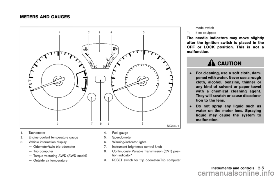 NISSAN JUKE 2014 F15 / 1.G Manual PDF SIC4601
1. Tachometer
2. Engine coolant temperature gauge
3. Vehicle information display— Odometer/twin trip odometer
— Trip computer
— Torque vectoring AWD (AWD model)
— Outside air temperatu