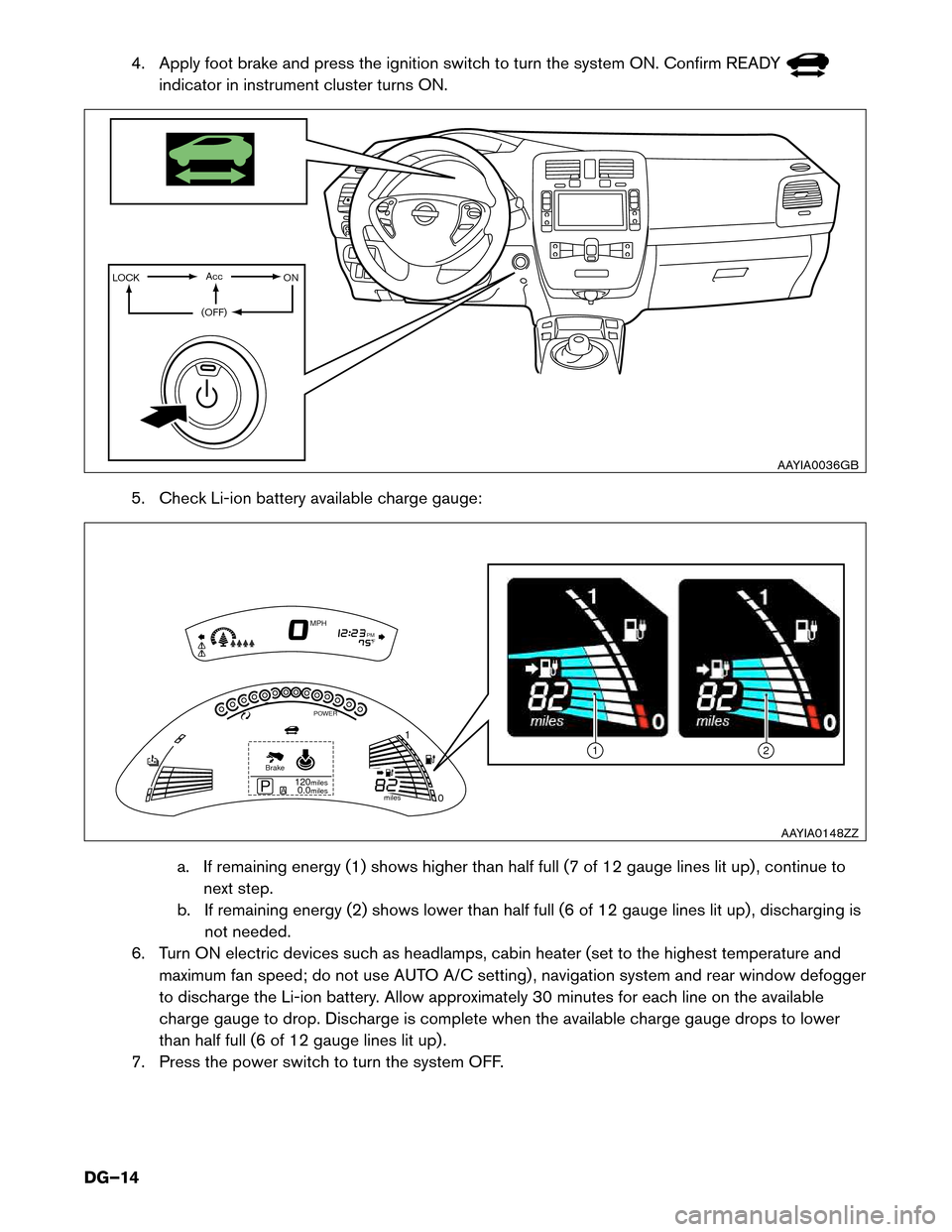 NISSAN LEAF 2014 1.G Dismantling Guide 4. Apply foot brake and press the ignition switch to turn the system ON. Confirm READY
indicator in instrument cluster turns ON.
5. Check Li-ion battery available charge gauge: a. If remaining energy NISSAN LEAF 2014 1.G Dismantling Guide 4. Apply foot brake and press the ignition switch to turn the system ON. Confirm READY
indicator in instrument cluster turns ON.
5. Check Li-ion battery available charge gauge: a. If remaining energy