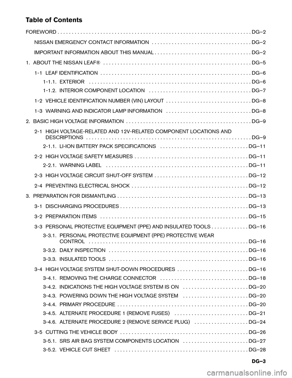 NISSAN LEAF 2014 1.G Dismantling Guide Table of Contents
FOREWORD
. . . . . . . . . . . . . . . . . . . . . . . . . . . . . . . . . . . . . . . . . . . . . . . . . . . . . . . . . . . . . . . . . . . . DG–2
NISSAN EMERGENCY CONTACT INFOR NISSAN LEAF 2014 1.G Dismantling Guide Table of Contents
FOREWORD
. . . . . . . . . . . . . . . . . . . . . . . . . . . . . . . . . . . . . . . . . . . . . . . . . . . . . . . . . . . . . . . . . . . . DG–2
NISSAN EMERGENCY CONTACT INFOR