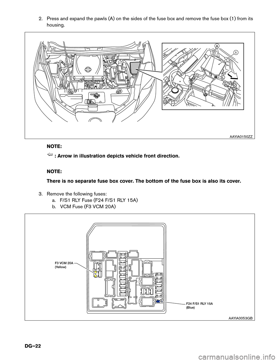 NISSAN LEAF 2014 1.G Dismantling Guide 2. Press and expand the pawls (A) on the sides of the fuse box and remove the fuse box (1) from its
housing.
NO
TE: : Arrow in illustration depicts vehicle front direction.
NO
TE:
There is no separat NISSAN LEAF 2014 1.G Dismantling Guide 2. Press and expand the pawls (A) on the sides of the fuse box and remove the fuse box (1) from its
housing.
NO
TE: : Arrow in illustration depicts vehicle front direction.
NO
TE:
There is no separat