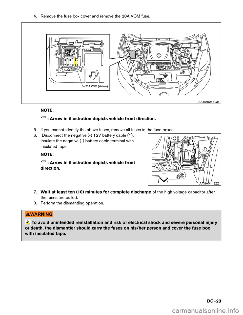 NISSAN LEAF 2014 1.G Dismantling Guide 4. Remove the fuse box cover and remove the 20A VCM fuse.
NO TE: : Arrow in illustration depicts vehicle front direction.
5.
If you cannot identify the above fuses, remove all fuses in the fuse boxes NISSAN LEAF 2014 1.G Dismantling Guide 4. Remove the fuse box cover and remove the 20A VCM fuse.
NO TE: : Arrow in illustration depicts vehicle front direction.
5.
If you cannot identify the above fuses, remove all fuses in the fuse boxes