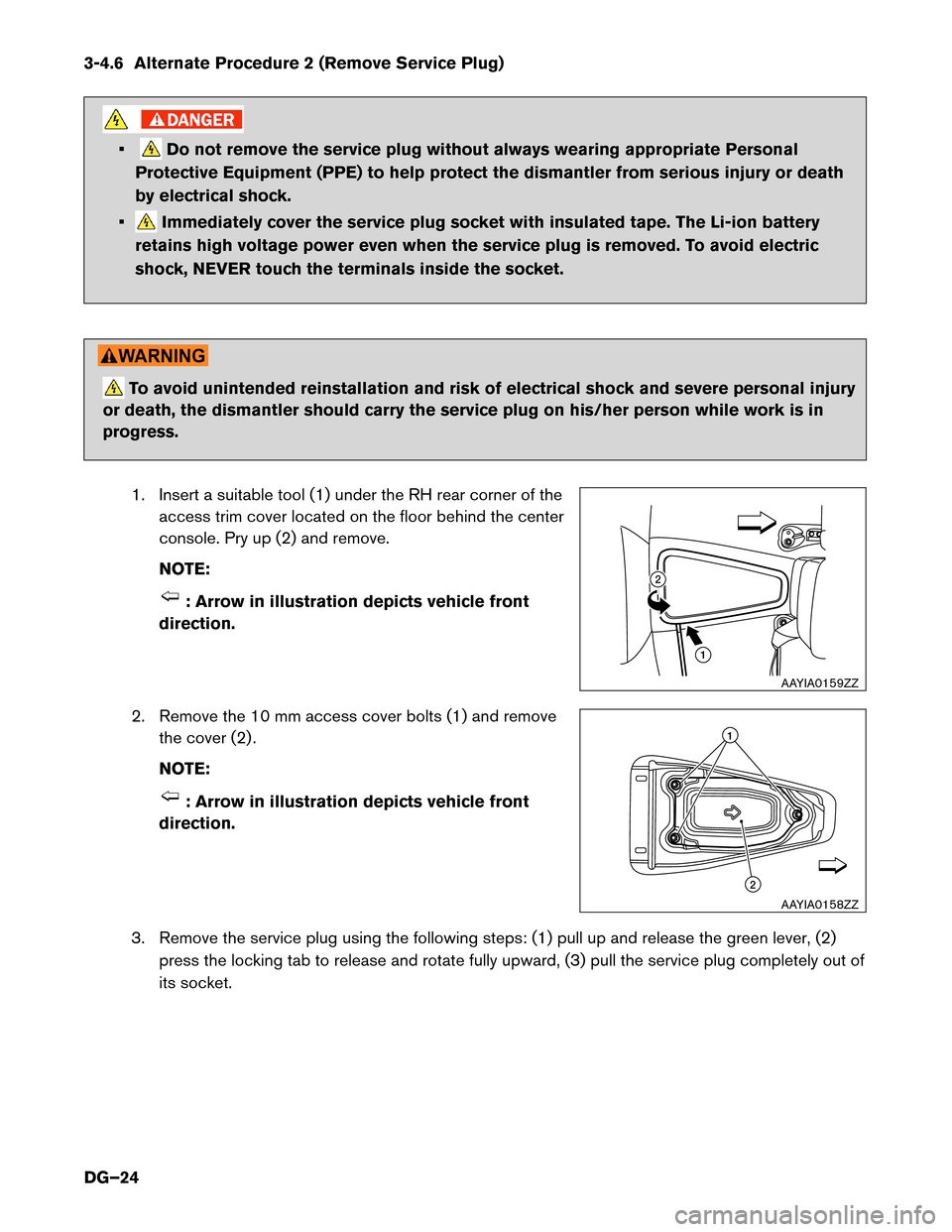 NISSAN LEAF 2014 1.G Dismantling Guide 3-4.6 Alternate Procedure 2 (Remove Service Plug)
• Do not remove the service plug without always wearing appropriate Personal
Protective Equipment (PPE) to help protect the dismantler from serious 