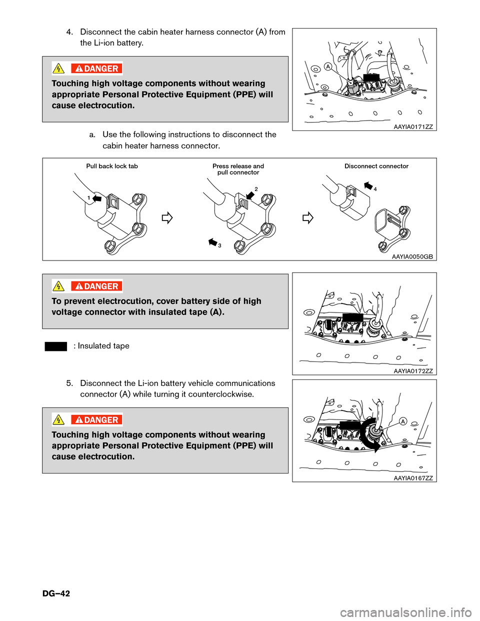 NISSAN LEAF 2014 1.G Dismantling Guide 4. Disconnect the cabin heater harness connector (A) from
the Li-ion battery. Touching high voltage components without wearing
appropriate

Personal Protective Equipment (PPE) will
cause electrocution
