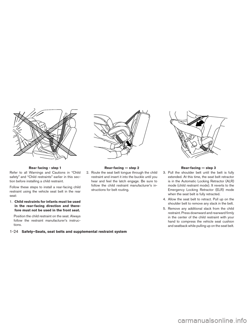 NISSAN LEAF 2014 1.G Owners Guide Refer to all Warnings and Cautions in “Child
safety” and “Child restraints” earlier in this sec-
tion before installing a child restraint.
Follow these steps to install a rear-facing child
res