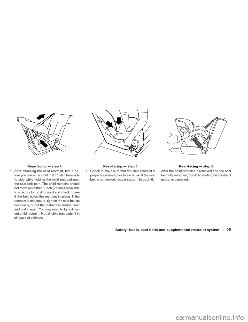 NISSAN LEAF 2014 1.G Owners Manual 6. After attaching the child restraint, test it be-
fore you place the child in it. Push it from side
to side while holding the child restraint near
the seat belt path. The child restraint should
not 