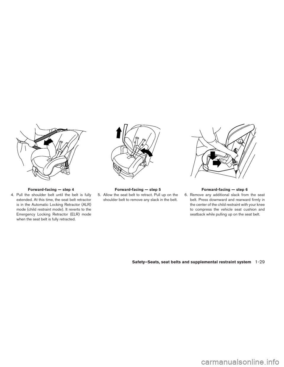 NISSAN LEAF 2014 1.G Owners Manual 4. Pull the shoulder belt until the belt is fully
extended. At this time, the seat belt retractor
is in the Automatic Locking Retractor (ALR)
mode (child restraint mode) . It reverts to the
Emergency 