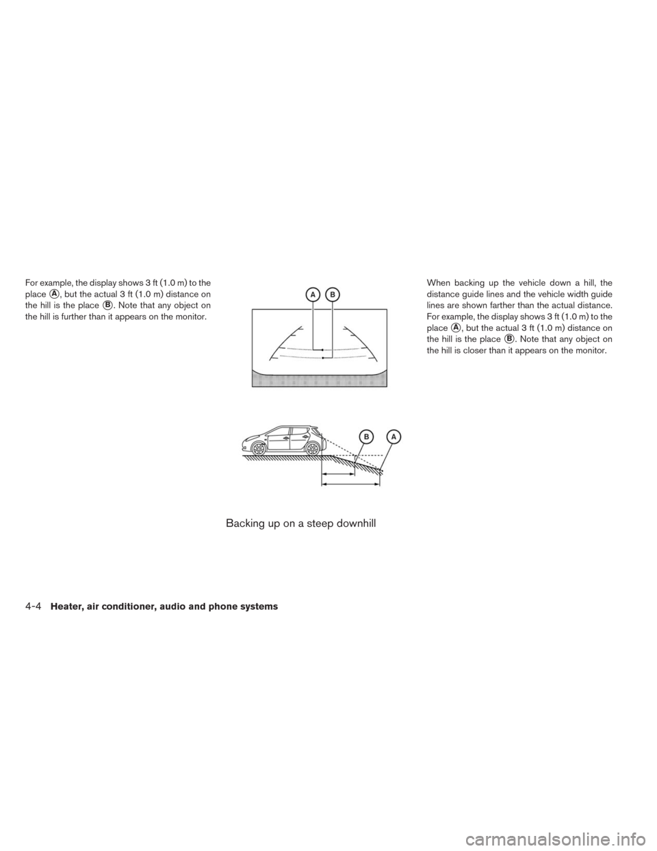 NISSAN LEAF 2014 1.G Owners Manual For example, the display shows 3 ft (1.0 m) to the
place
A, but the actual 3 ft (1.0 m) distance on
the hill is the place
B. Note that any object on
the hill is further than it appears on the monito