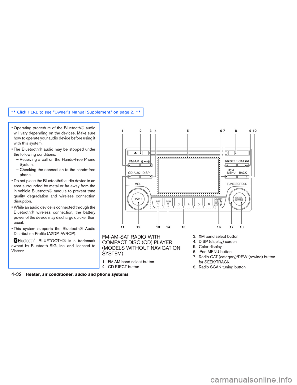 NISSAN LEAF 2014 1.G Owners Manual • Operating procedure of the Bluetooth® audio
will vary depending on the devices. Make sure
how to operate your audio device before using it
with this system.
• The Bluetooth® audio may be stopp