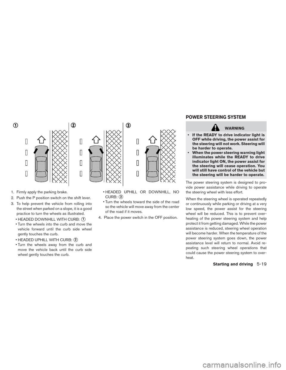 NISSAN LEAF 2014 1.G Owners Manual 1. Firmly apply the parking brake.
2. Push the P position switch on the shift lever.
3. To help prevent the vehicle from rolling into
the street when parked on a slope, it is a good
practice to turn t