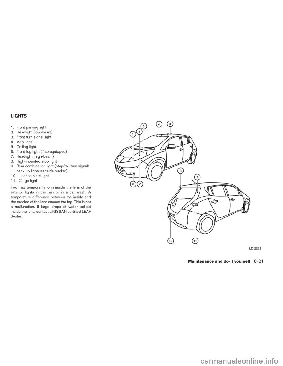 NISSAN LEAF 2014 1.G Owners Manual 1. Front parking light
2. Headlight (low-beam)
3. Front turn signal light
4. Map light
5. Ceiling light
6. Front fog light (if so equipped)
7. Headlight (high-beam)
8. High-mounted stop light
9. Rear 