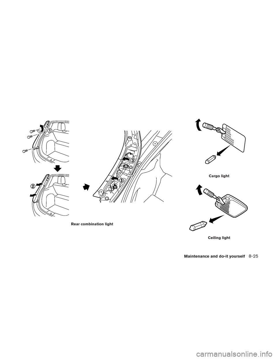 NISSAN LEAF 2014 1.G Owners Manual Rear combination light
Cargo light
Ceiling light
Maintenance and do-it yourself8-25 