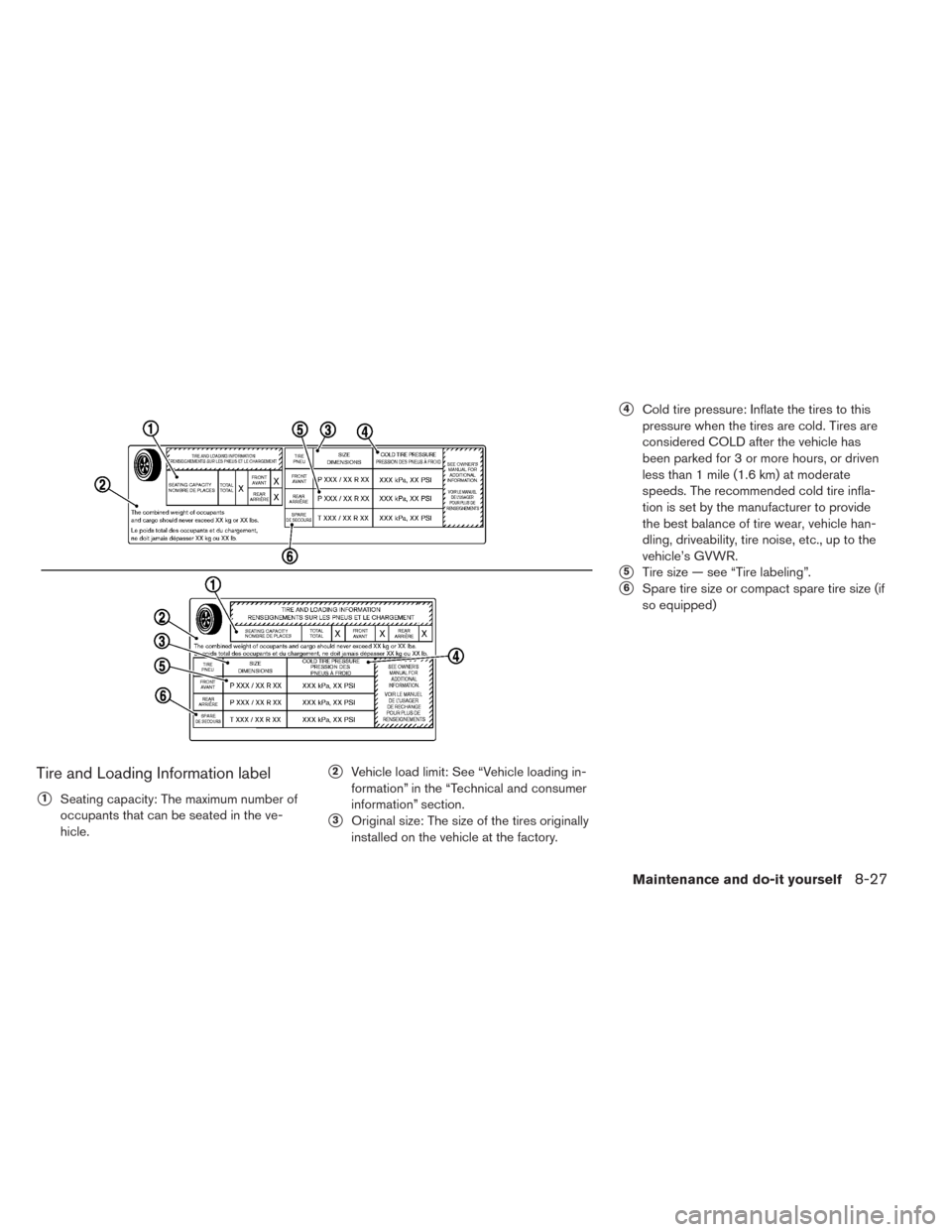 NISSAN LEAF 2014 1.G Owners Manual Tire and Loading Information label
1Seating capacity: The maximum number of
occupants that can be seated in the ve-
hicle.
2Vehicle load limit: See “Vehicle loading in-
formation” in the “Tech