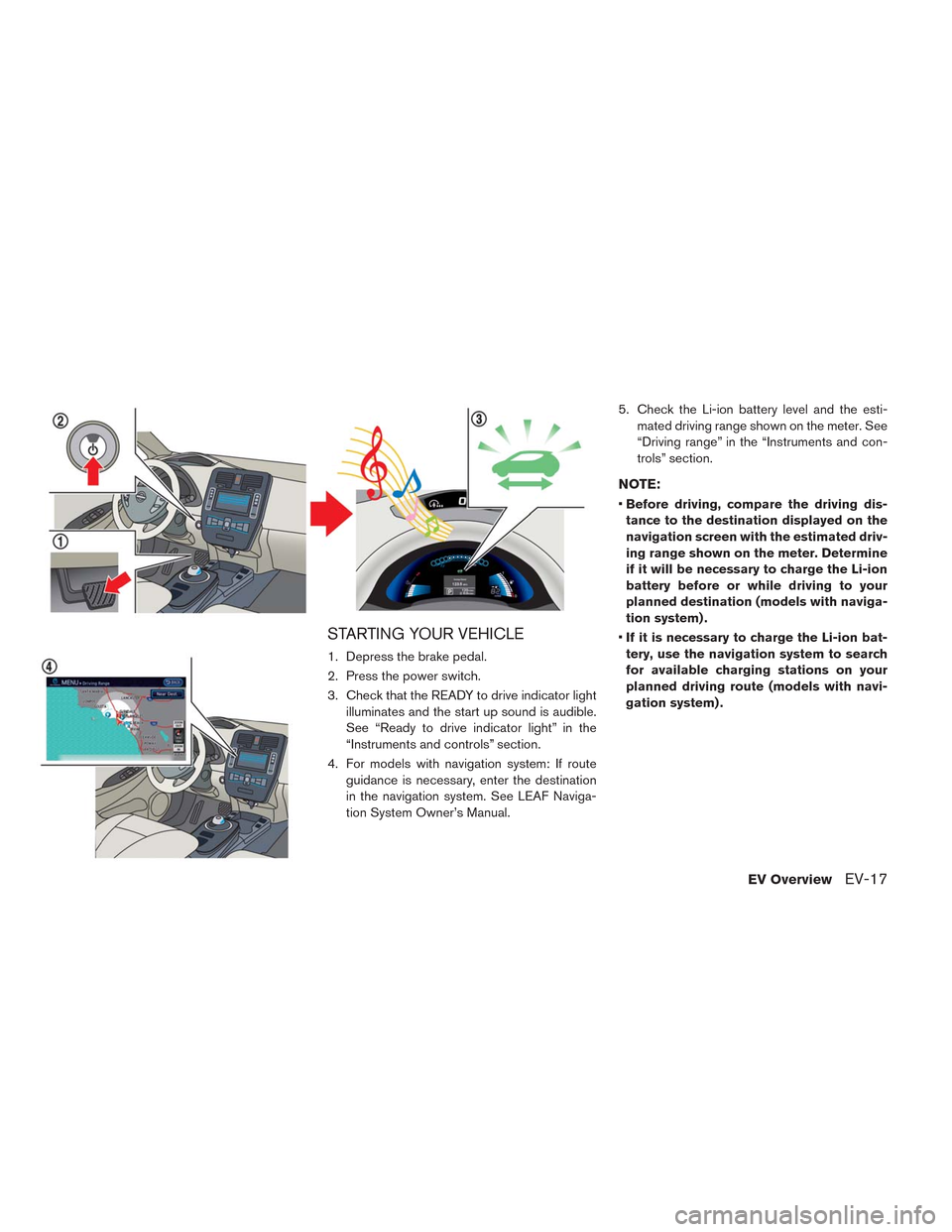 NISSAN LEAF 2014 1.G User Guide STARTING YOUR VEHICLE
1. Depress the brake pedal.
2. Press the power switch.
3. Check that the READY to drive indicator light
illuminates and the start up sound is audible.
See “Ready to drive indic