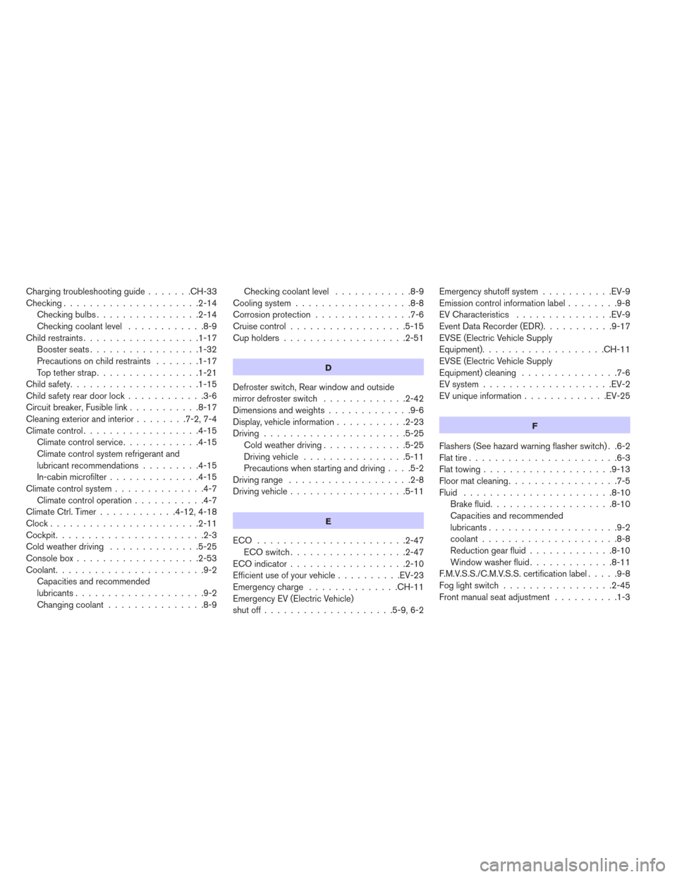 NISSAN LEAF 2014 1.G Owners Manual Charging troubleshooting guide.......CH-33
Checking.....................2-14
Checkingbulbs................2-14
Checkingcoolantlevel ............8-9
Child restraints..................1-17
Boosterseats.