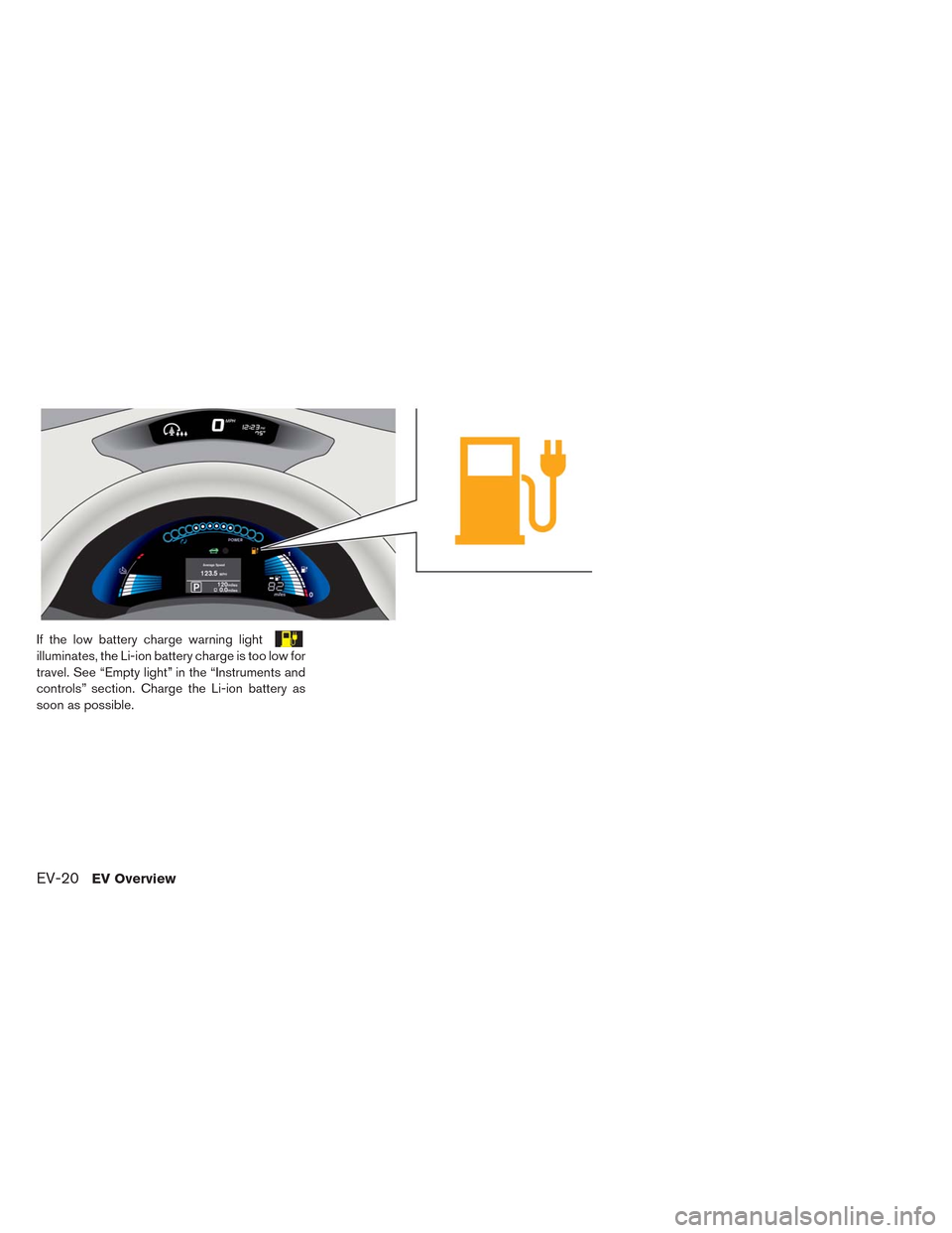 NISSAN LEAF 2014 1.G Owners Guide If the low battery charge warning light
illuminates, the Li-ion battery charge is too low for
travel. See “Empty light” in the “Instruments and
controls” section. Charge the Li-ion battery as
