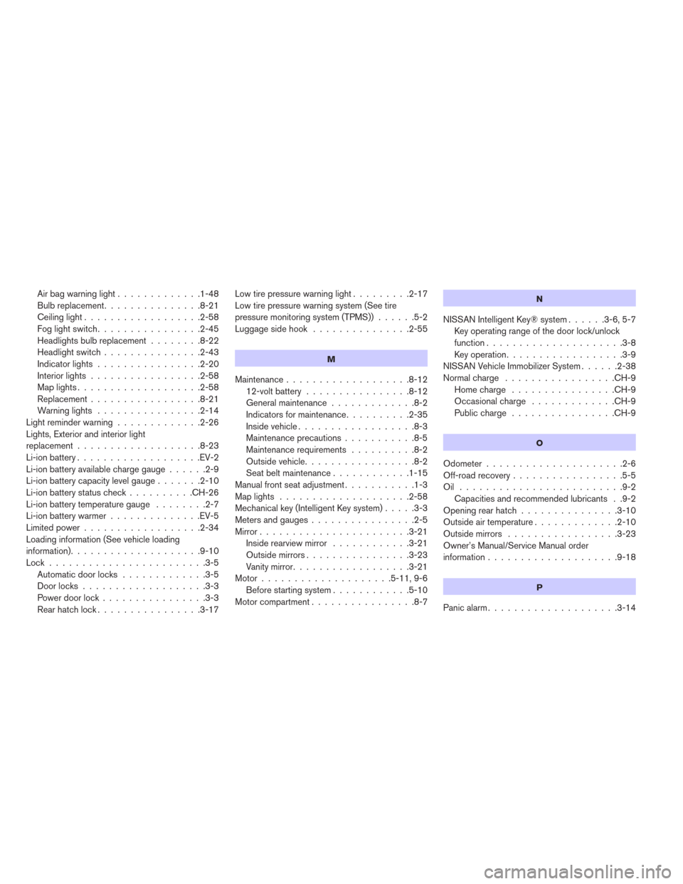 NISSAN LEAF 2014 1.G Owners Manual Airbagwarninglight.............1-48
Bulb replacement...............8-21
Ceiling light..................2-58
Foglightswitch................2-45
Headlights bulb replacement........8-22
Headlightswitch..