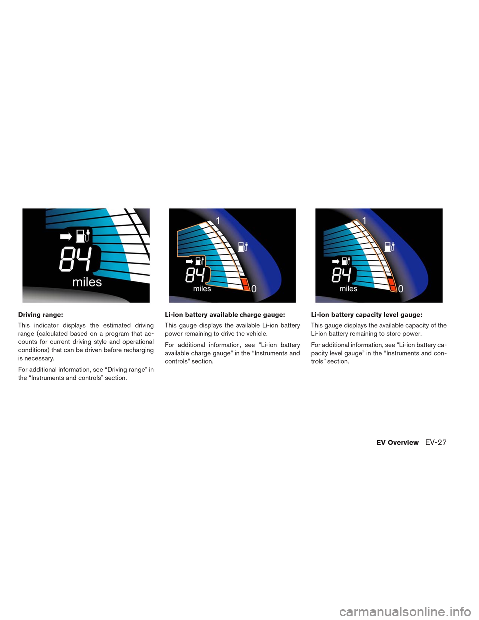 NISSAN LEAF 2014 1.G User Guide Driving range:
This indicator displays the estimated driving
range (calculated based on a program that ac-
counts for current driving style and operational
conditions) that can be driven before rechar