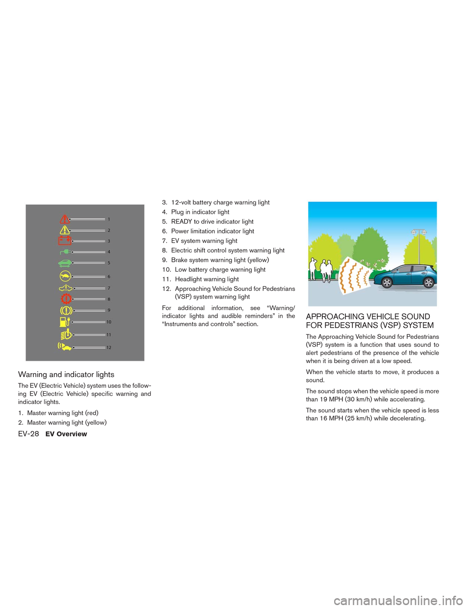 NISSAN LEAF 2014 1.G Service Manual Warning and indicator lights
The EV (Electric Vehicle) system uses the follow-
ing EV (Electric Vehicle) specific warning and
indicator lights.
1. Master warning light (red)
2. Master warning light (y NISSAN LEAF 2014 1.G Service Manual Warning and indicator lights
The EV (Electric Vehicle) system uses the follow-
ing EV (Electric Vehicle) specific warning and
indicator lights.
1. Master warning light (red)
2. Master warning light (y
