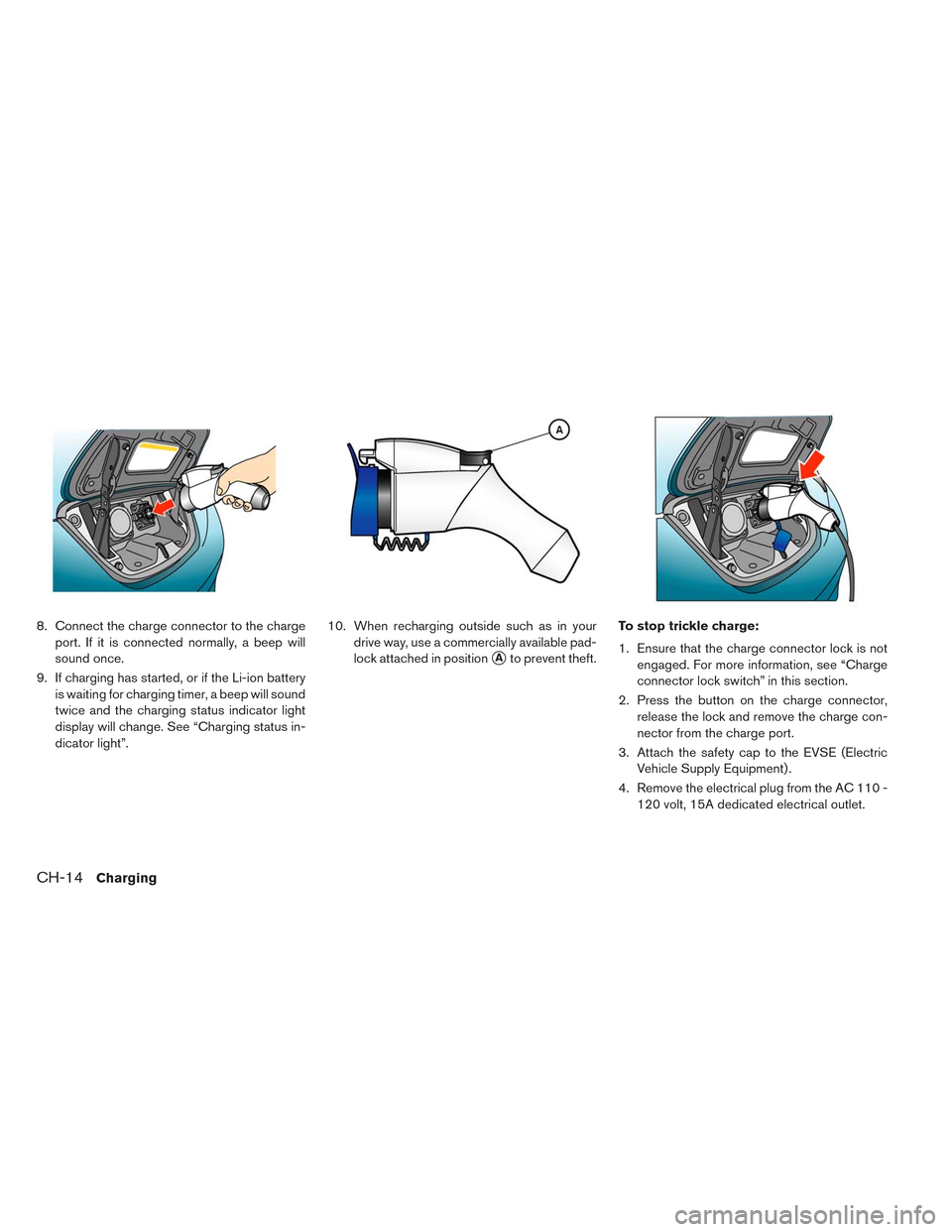 NISSAN LEAF 2014 1.G Owners Manual 8. Connect the charge connector to the charge
port. If it is connected normally, a beep will
sound once.
9. If charging has started, or if the Li-ion battery
is waiting for charging timer, a beep will