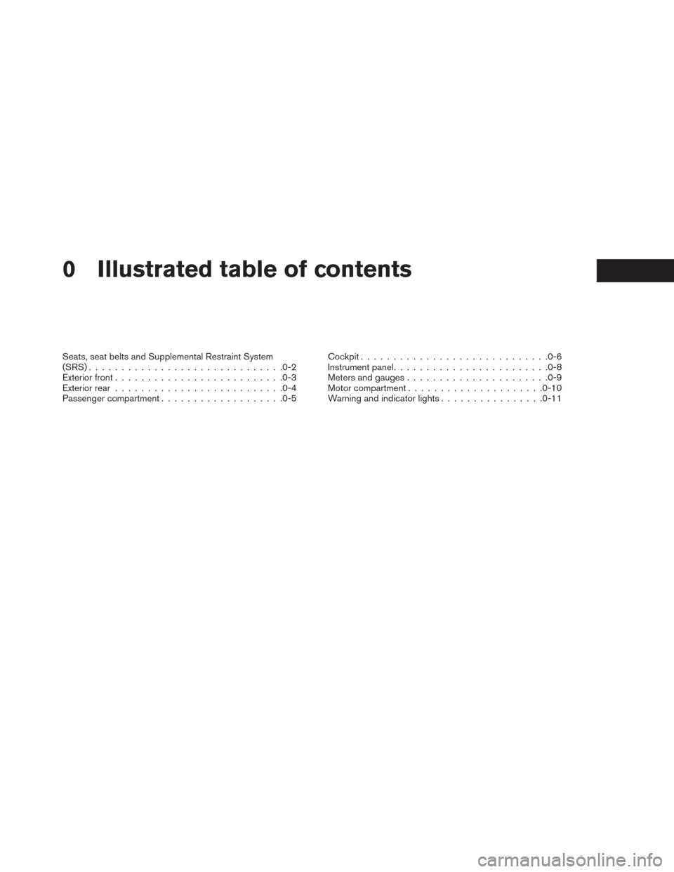 NISSAN LEAF 2014 1.G Owners Manual 0 Illustrated table of contents
Seats, seat belts and Supplemental Restraint System
(SRS)..............................0-2
Exterior front..........................0-3
Exterior rear....................